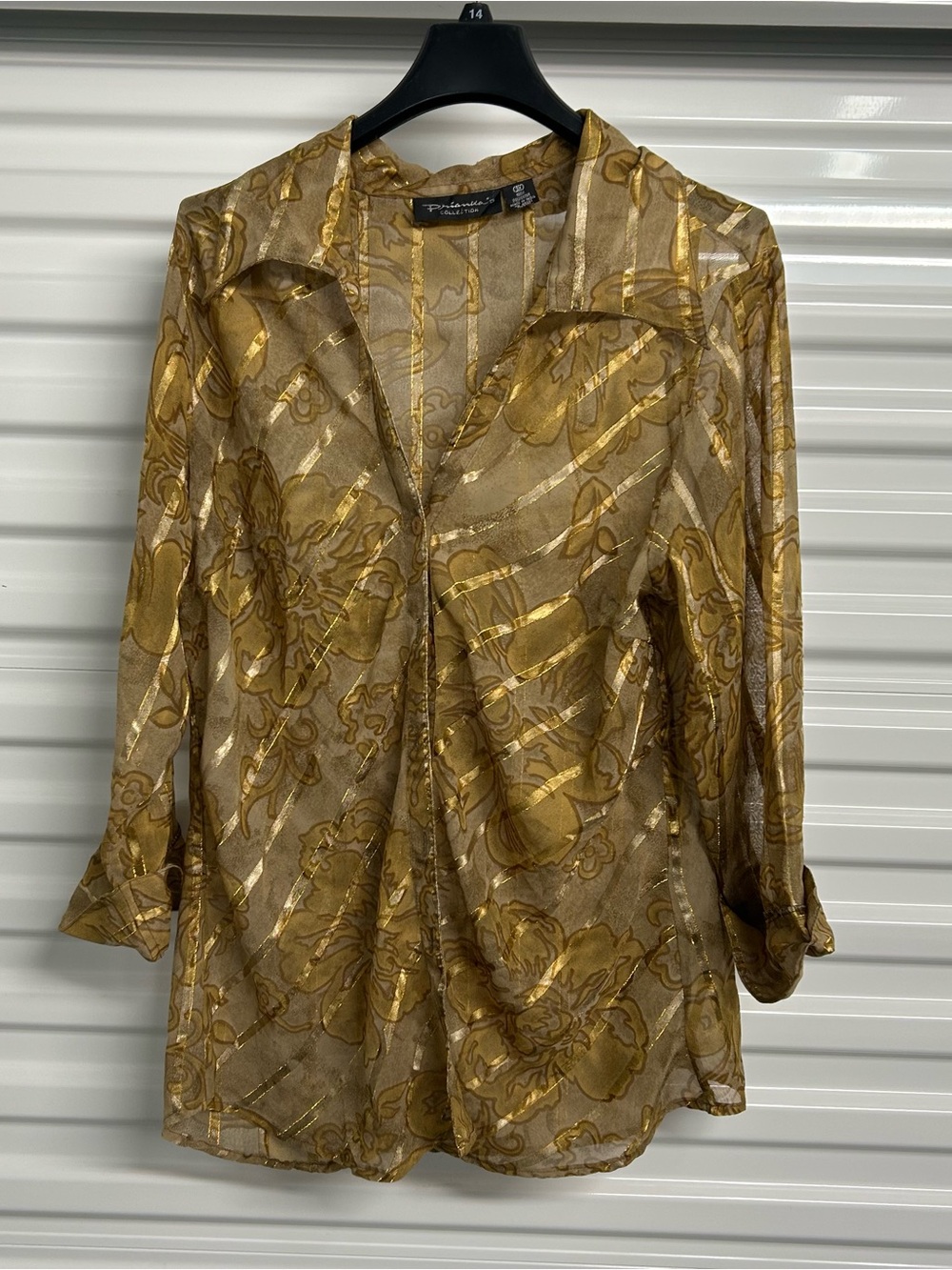 Sheer Metallic Gold Floral Button-Front Women's Top
